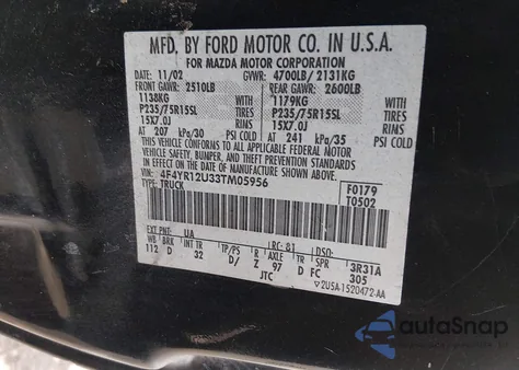 2003 Mazda B3000 Ds z USA, uszkodzony, nr VIN 4F4YR12U33TM05956